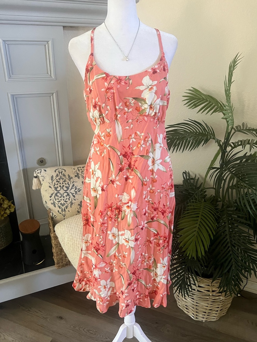 Puanani Hawaii Coral Floral Midi Dress with Spaghetti Straps